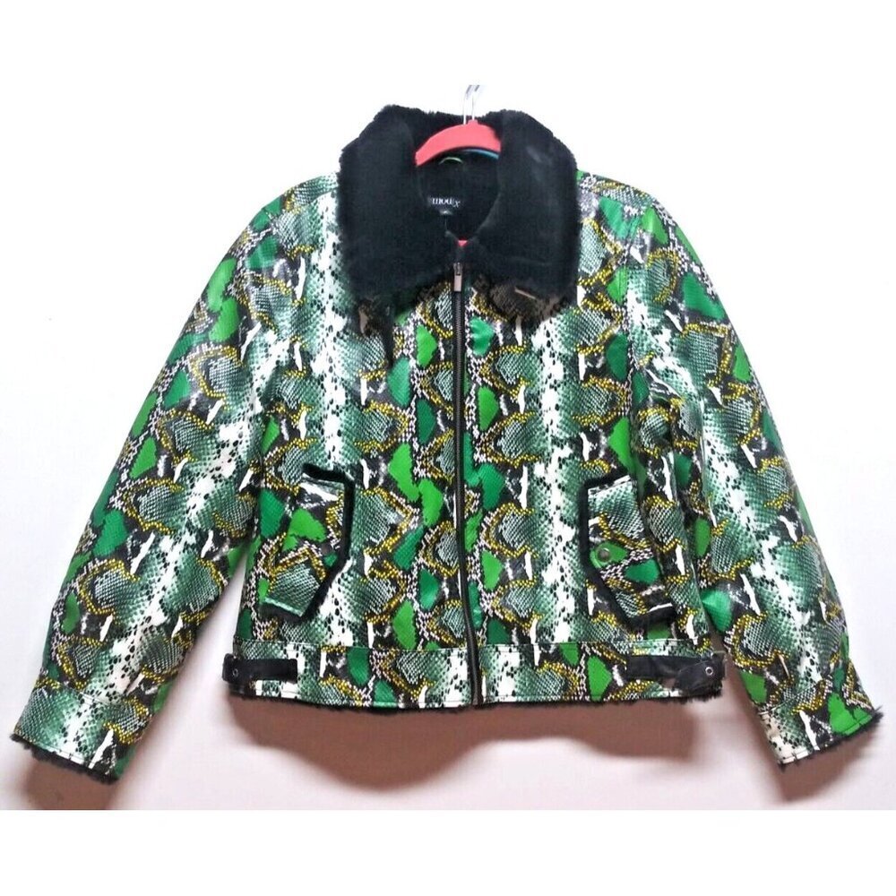 NEW MOD-X Bomber Jacket SNAKE REPTILE PRINT Womens XL Green black FAUX FUR LINED - Picture 2 of 15